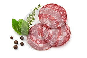 Sliced salami smoked sausage, basil leaves and peppercorns, isolated on white background