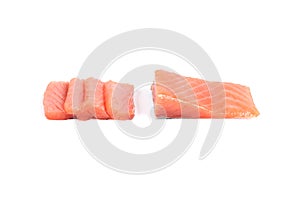 Sliced salmon fillet isolated on white background.
