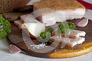 Sliced salted pork lard (salo)