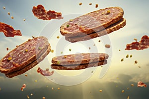 Sliced sausage fall in pile on light gray background. Creative concept of floating healthy delicious meat products. Levitation