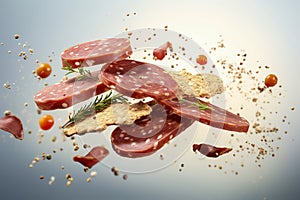 Sliced sausage fall in pile on light gray background. Creative concept of floating healthy delicious meat products. Levitation