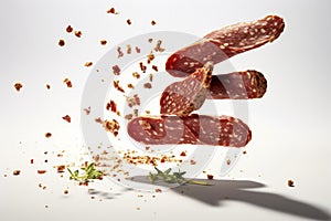 Sliced sausage fall in pile on light gray background. Creative concept of floating healthy delicious meat products. Levitation