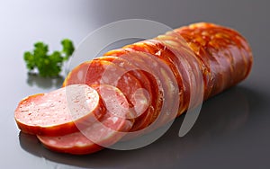 Sliced sausage on a gray surface