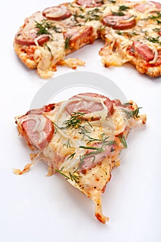Sliced sausage and onion pizza