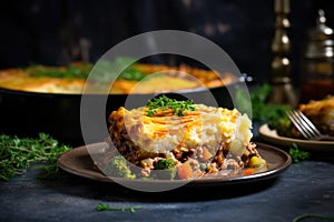 sliced shepherds pie with a golden crust