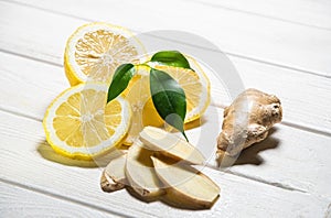 Sliced slices of lemons and ginger. Prevention of colds and viruses. Organic medicine