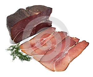 Sliced smoked ham, isolated