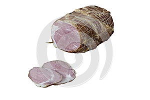 Sliced Smoked lamb brisket. Turkish name; Fume Smokehouse kuzu Cotto, isolated on white background