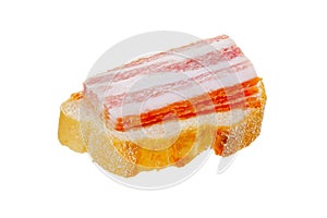 Sliced Smoked Pork Bacon on bread. Isolated on white background.