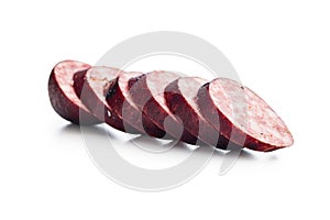 Sliced smoked pork sausage isolated on white background