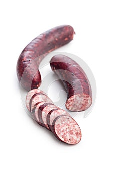 Sliced smoked pork sausage isolated on white background