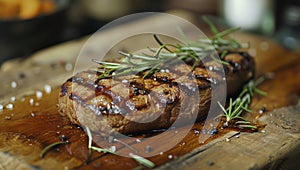 Sliced Steak on Cutting Board With Rosemary Sprig