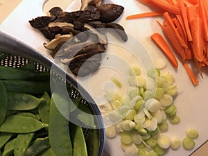 Sliced stir-fry vegetables: snow peas, scallions, shiitake mushrooms, carrot