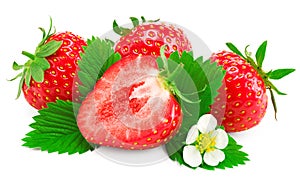 Sliced strawberry with green leaf and flower isolated on white background. clipping path