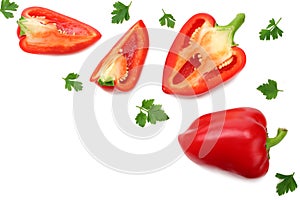 sliced sweet bell pepper isolated on white background. top view