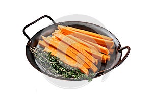Sliced Sweet potatoes in a steel tray, fresh batata fries ready for cooking. Isolated on white background. Top view.