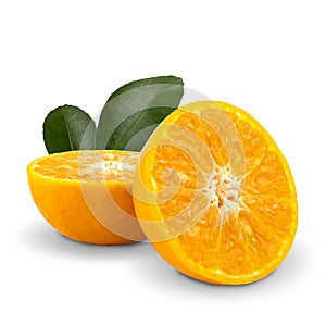 Sliced of tangerine or mandarin fruit with leaves isolated on white background. with clipping paths