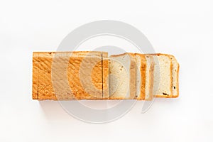 Sliced toast bread on a white background. Top view,