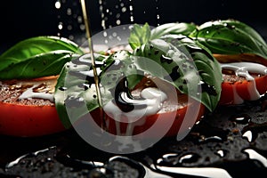 Sliced tomatoes with fresh basil leaves, drizzled with olive oil, delicious vegetable appetizer