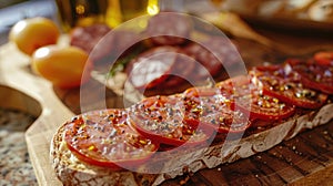 Sliced tomatoes and salami on open-faced sandwich