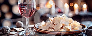 Sliced truffles and red wine glass on restaurant table closeup. Exclusive romantic dinner with gourmet delicacy. Upscale