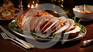 Sliced Turkey on Platter With Knife and Fork