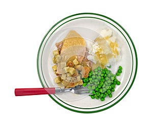 Sliced turkey potatoes and peas TV dinner