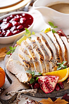 Sliced turkey on Thanksgiving or Christmas table