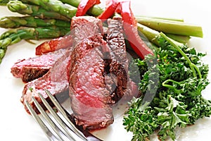 Sliced up steak with asparagus