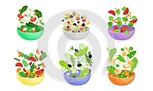 Sliced Vegetable and Fruit Salad Ingredients Falling Down in the Bowl Vector Set