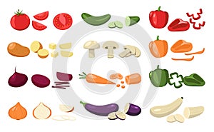Sliced vegetables. Cartoon whole chopped green organic food, natural ingredients carrot cucumber onion tomato pepper