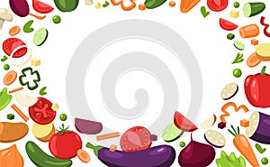 Sliced vegetables framing. Cartoon chopped fresh pepper onion eggplant mushroom cucumber tomato, pieces of vegetables