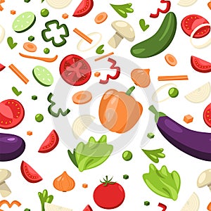 Sliced vegetables pattern. Seamless print of chopped natural healthy green products cartoon flat style, vegan vegetarian
