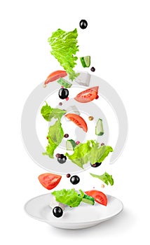 Sliced vegetables and salad ingredients falling in white ceramic plate isolated