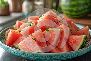 Sliced watermelon on a blue plate