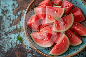 Sliced watermelon on a blue plate