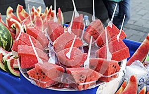 Sliced watermelon for sell on cart at Galata District.