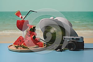 Sliced watermelon and watermelon smoothie with beautiful summer beach in background.