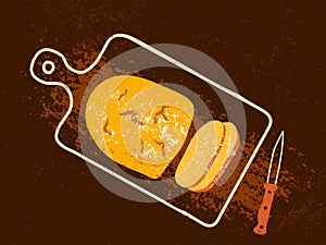 Sliced wheat bread on the cutting board vector illustration. Fresh baked bread and knife in modern textured style