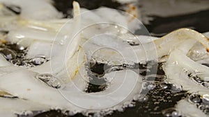 Sliced white onions frying into hot pan with oil. Macro shot of cooking fried onions in frying pan. Stirring fried onion