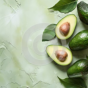 Sliced and whole avocados with leaves lying on a green table. Top view. Ai generated