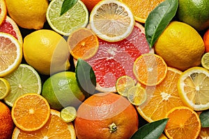 Sliced and whole citrus fruits with leaves as background