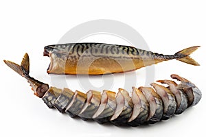 Sliced and whole cold smoked mackerel isolated