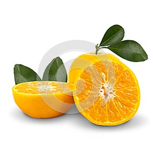 Sliced and whole of tangerine or mandarin fruit with leaves isolated on white background. with clipping paths