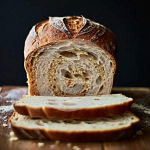 sliced wholegrain bread on dark ructic wooden background closeup