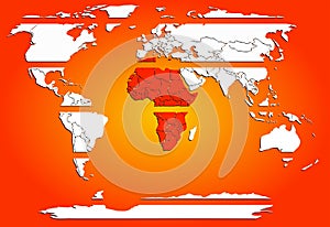 Sliced world map white continents with red warm Africa
