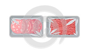 Sliced Wurst and Raw Forcemeat in Plastic Serving Tray Vector Set