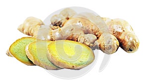 Sliced â€‹â€‹ginger on a white background