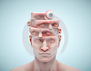 Sliced â€‹â€‹human head with an eyeball. The visionary and analytical concept