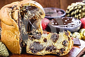 Sliced â€‹â€‹panettone, bread or Christmas cake stuffed with chocolate, typical of Brazilian and Italian Christmas